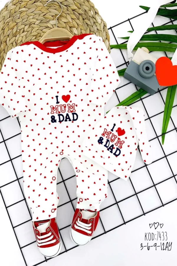 3-6-9-12 Ay Kuyruklu Şapkalı Piti Kalp I Love Mum&dad Baskılı Uzun Kollu Kız Erkek Bebek Tulumu Beyaz