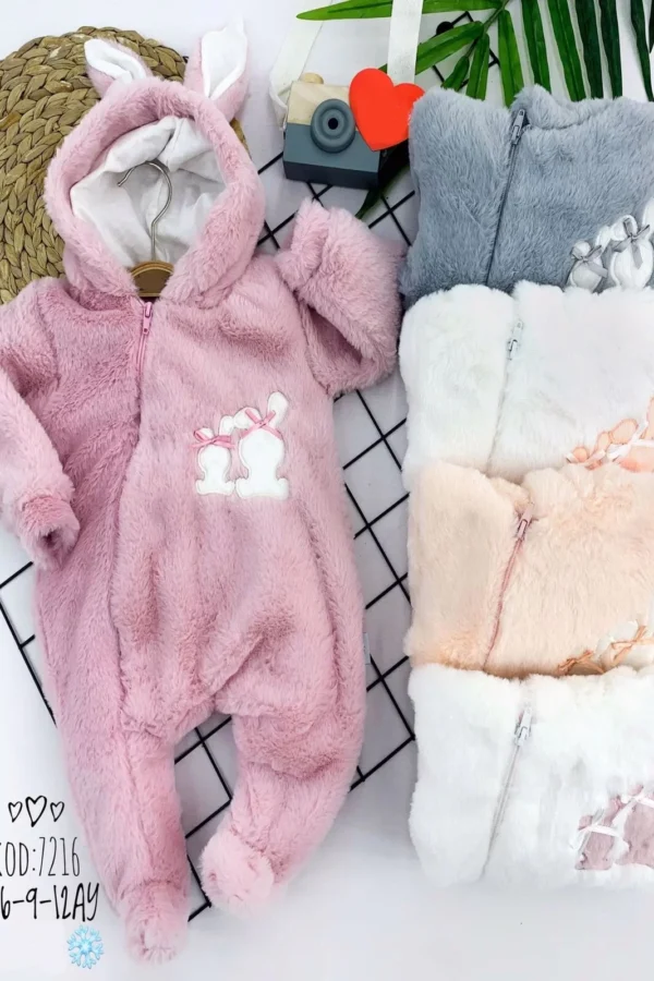 3-6-9-12 Ay Kuzu Kumaş Tüylü Kulaklı Kapşonlu Boydan Fermuarlı Kız Bebek Tulumu Gri