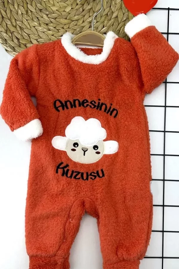 3-6-9-12 Ay Kuzu Tüylü Kumaş Annesinin Kuzusu Nakışlı Alttan Çıtçıtlı Kız Erkek Bebek Tulumu Turuncu