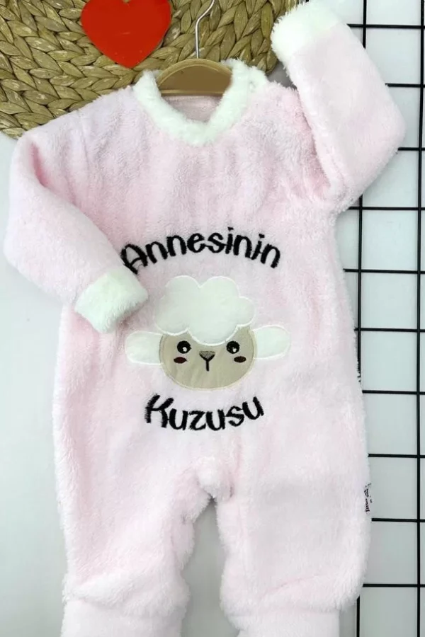 3-6-9-12 Ay Kuzu Tüylü Kumaş Annesinin Kuzusu Nakışlı Alttan Çıtçıtlı Kız Erkek Bebek Tulumu Pembe