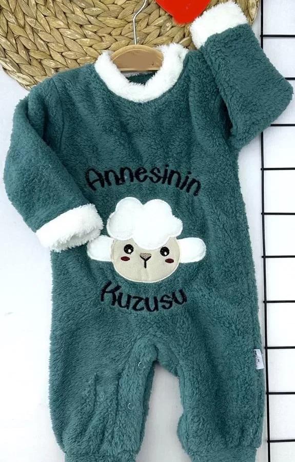 3-6-9-12 Ay Kuzu Tüylü Kumaş Annesinin Kuzusu Nakışlı Alttan Çıtçıtlı Kız Erkek Bebek Tulumu Petrol Mavisi