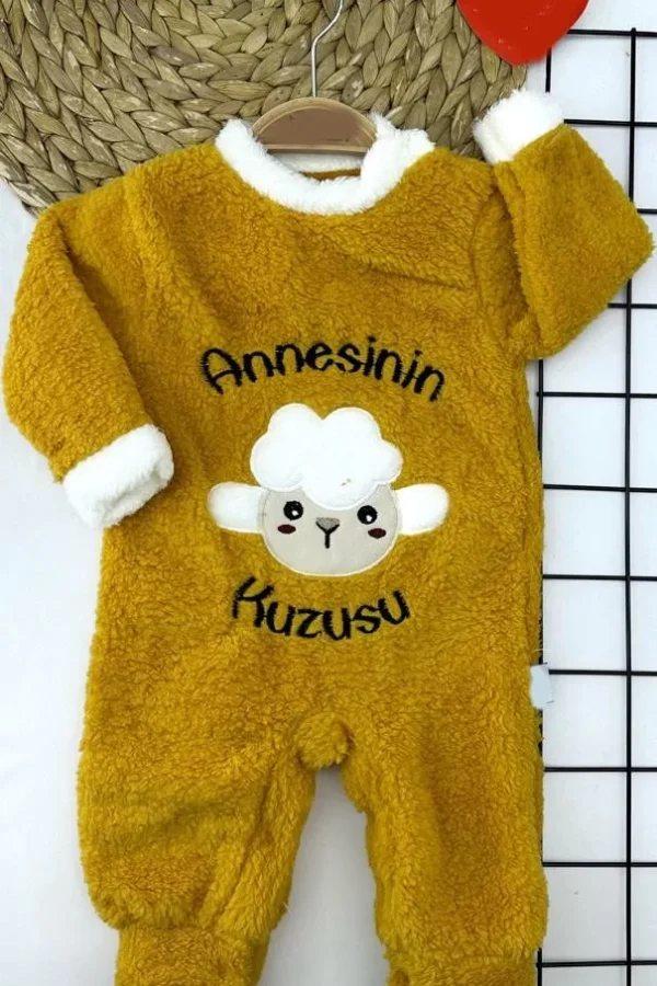 3-6-9-12 Ay Kuzu Tüylü Kumaş Annesinin Kuzusu Nakışlı Alttan Çıtçıtlı Kız Erkek Bebek Tulumu Hardal