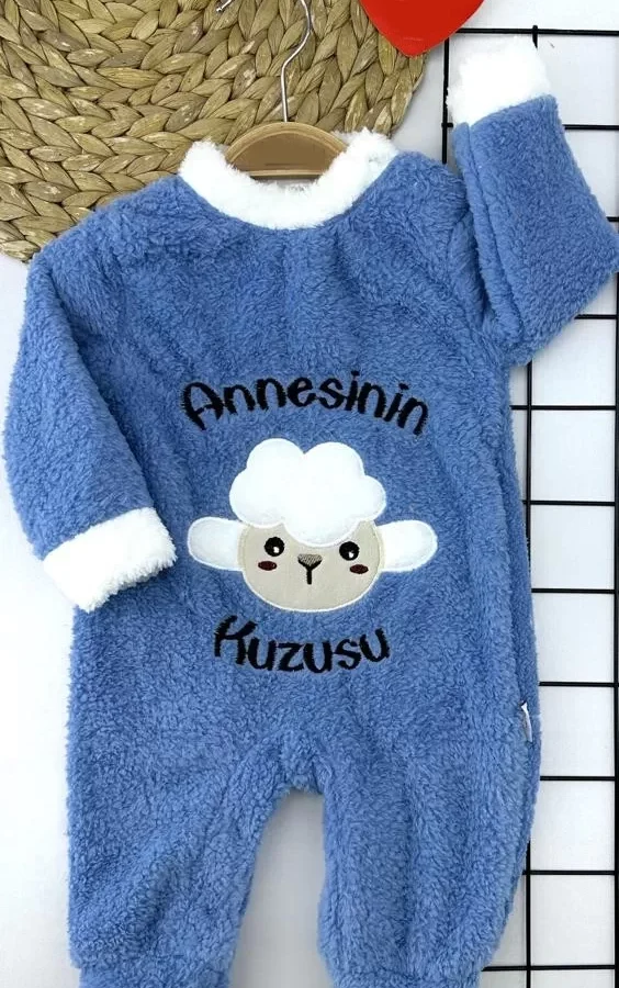 3-6-9-12 Ay Kuzu Tüylü Kumaş Annesinin Kuzusu Nakışlı Alttan Çıtçıtlı Kız Erkek Bebek Tulumu Mavi
