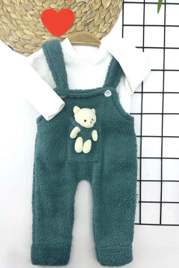 3-6-9-12 Ay Kuzu Tüylü Kumaş Ayıcıklı Önden Cepli İçi Sweatli 2li Kız Erkek Bebek Salopet