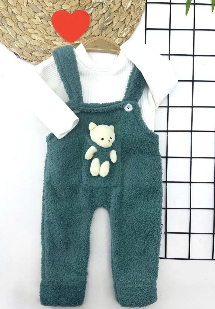 3-6-9-12 Ay Kuzu Tüylü Kumaş Ayıcıklı Önden Cepli İçi Sweatli 2li Kız Erkek Bebek Salopet