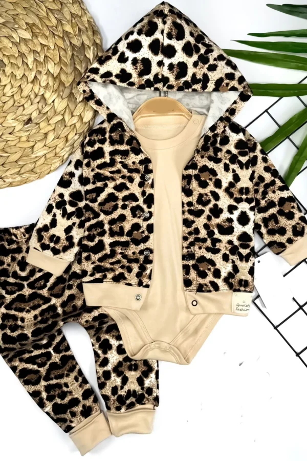 3-6-9-12 Ay Leopar Desenli Kapşonlu Zıbın Sweatli Uzun Kollu Kız Bebek Takımı Kahverengi