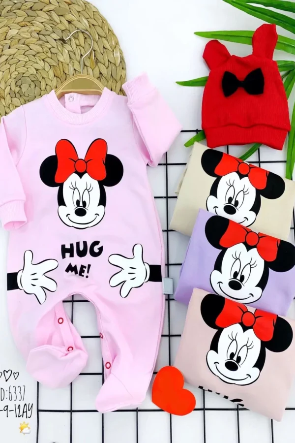 3-6-9-12 Ay Mickey Baskılı Kulaklı Şapka Uzun Kollu Kız Erkek Bebek Tulumu Pembe