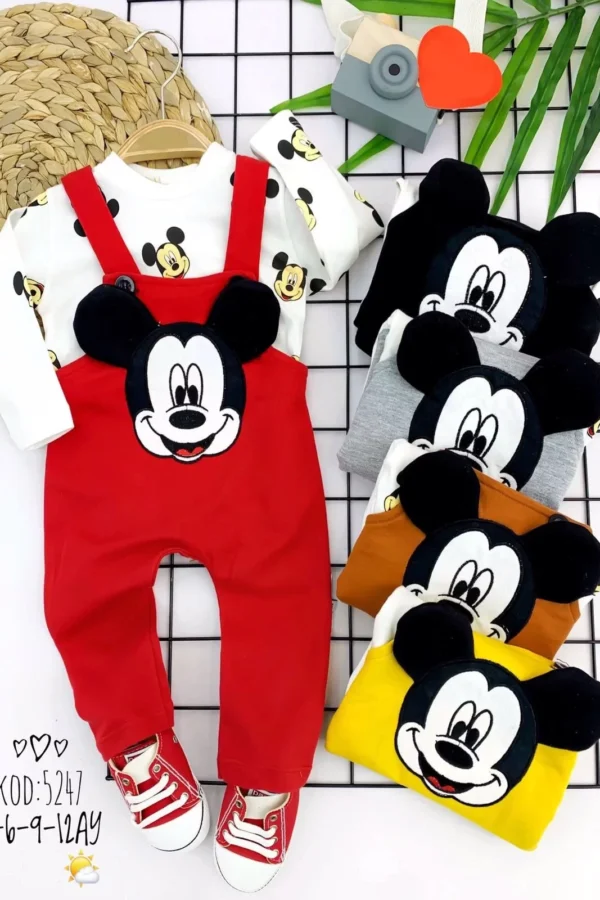 3-6-9-12 Ay Mickey Figürlü Uzun Kollu Baskılı Sweatli 2li Kız Erkek Bebek Salopet Takımı Kırmızı