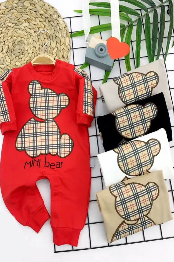 3-6-9-12 Ay Mini Bear Nakışlı Çıtçıt Kapamalı Kız Erkek Bebek Tulumu Kırmızı