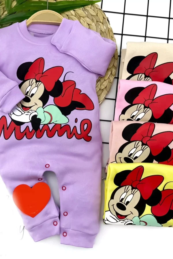 3-6-9-12 Ay Mumie Fiyonklu Fare Baskılı Uzun Kollu Kız Bebek Tulumu Pembe