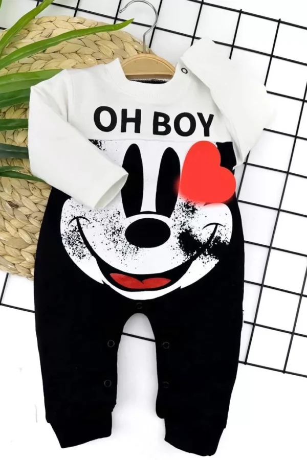 3-6-9-12 Ay Oh Boy Köpek Baskılı Uzun Kollu Erkek Bebek Tulumu Siyah