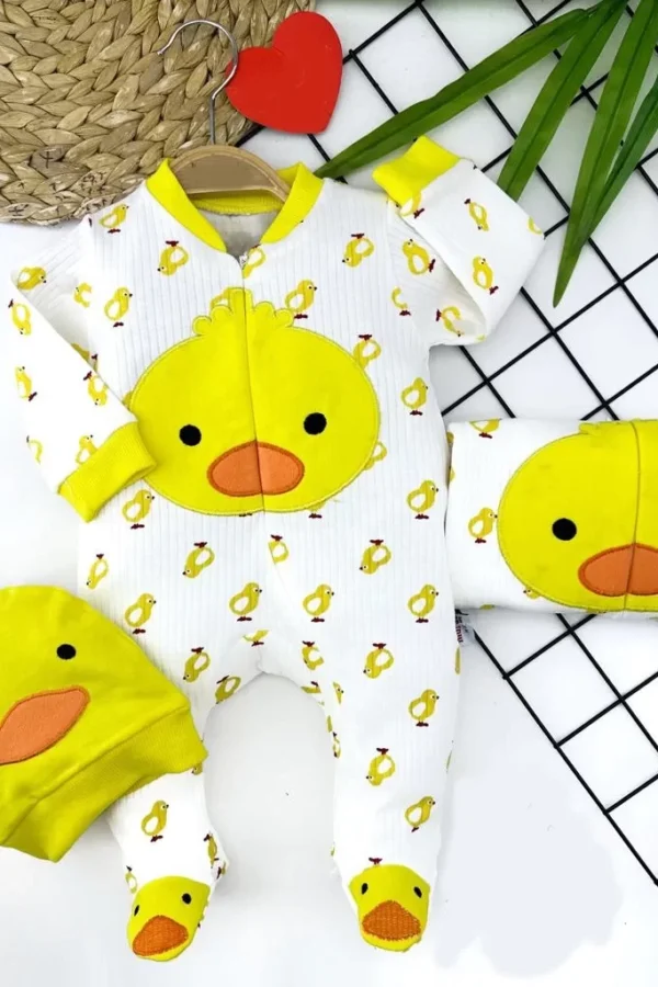 3-6-9-12 Ay Ördek Şapkalı Boydan Fermuar Ördek Baskılı Uzun Kollu 2li Kız Erkek Bebek Tulumu Sarı