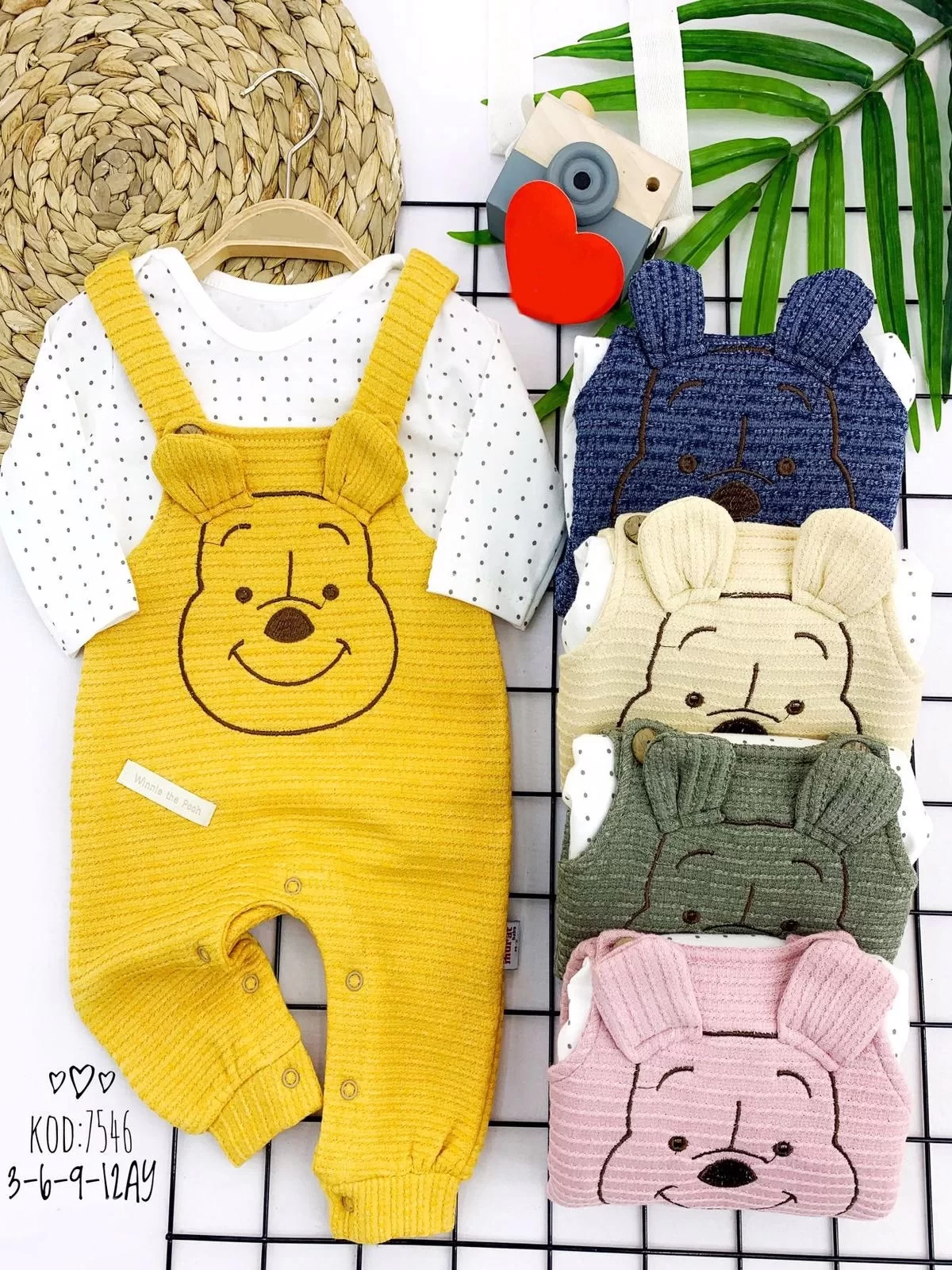 3-6-9-12 Ay Örme Kumaş Kulaklı Ayıcık Desenli Düğmeli Sweatli 2li Kız Erkek Bebek Salopet Takımı