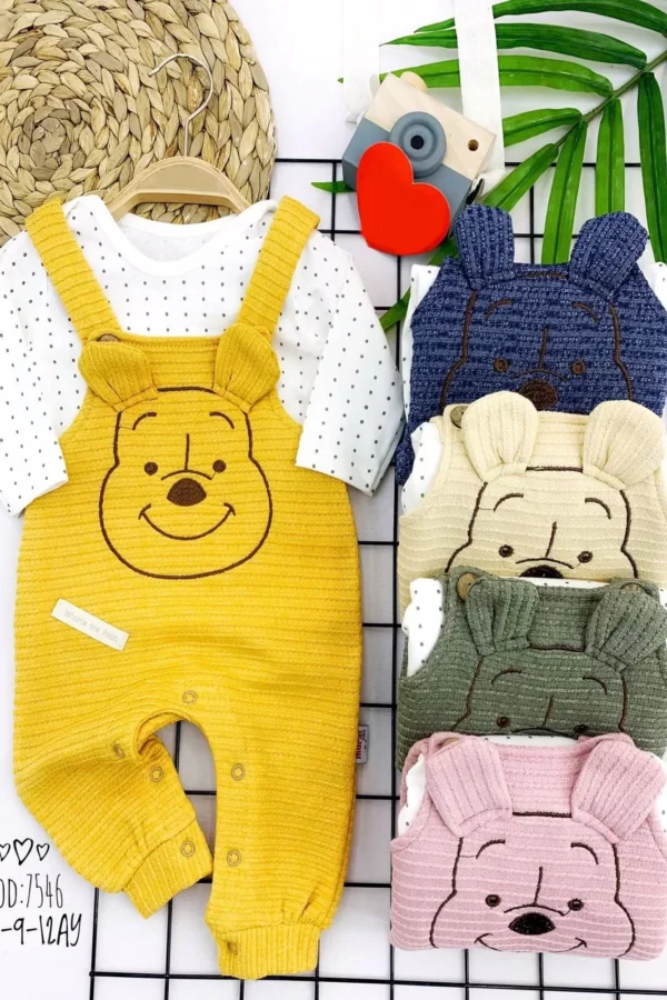 3-6-9-12 Ay Örme Kumaş Kulaklı Ayıcık Desenli Düğmeli Sweatli 2li Kız Erkek Bebek Salopet Takımı