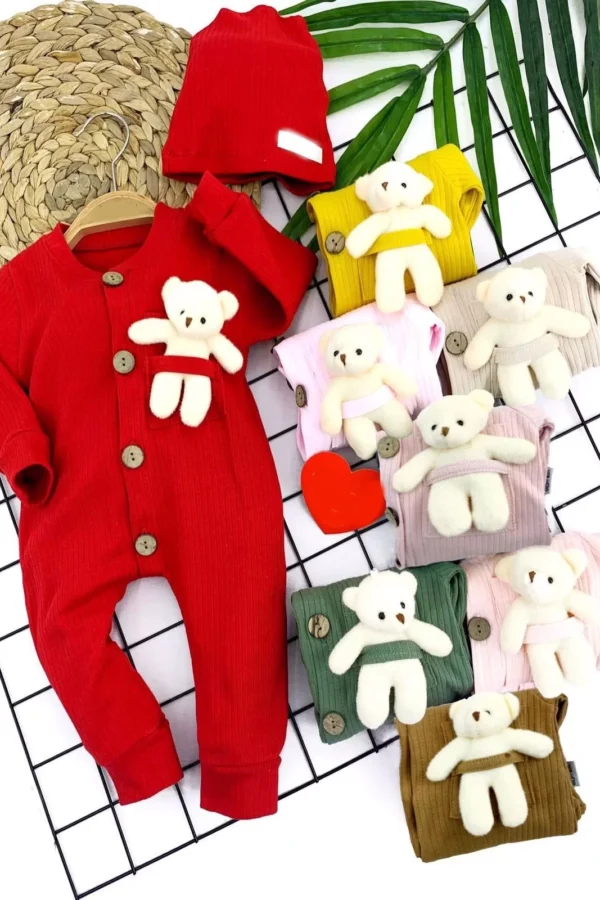 3-6-9-12 Ay Oyuncak Ayılı Şapkalı Düğme Kapama Kız Erkek Bebek Tulumu Kırmızı