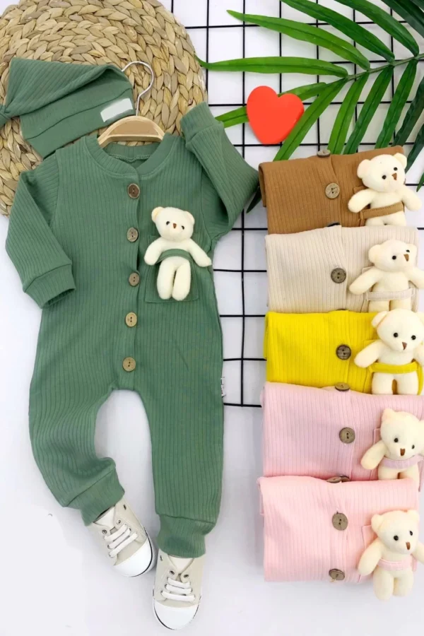 3-6-9-12 Ay Oyuncak Ayılı Şapkalı Düğme Kapama Kız Erkek Bebek Tulumu Krem