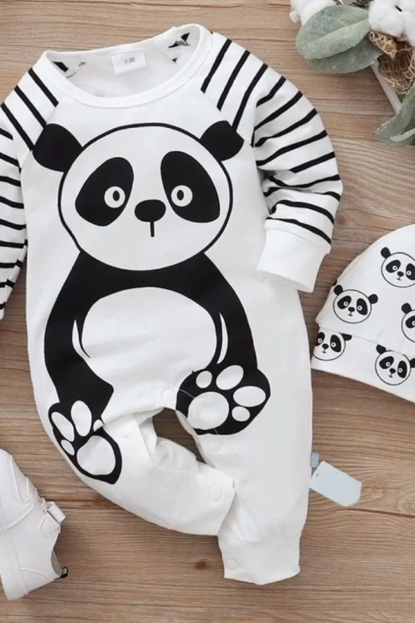 3-6-9-12 Ay Panda Baskılı Kuyruklu Şapkalı Uzun Kollu Kız Erkek Bebek Tulumu Beyaz