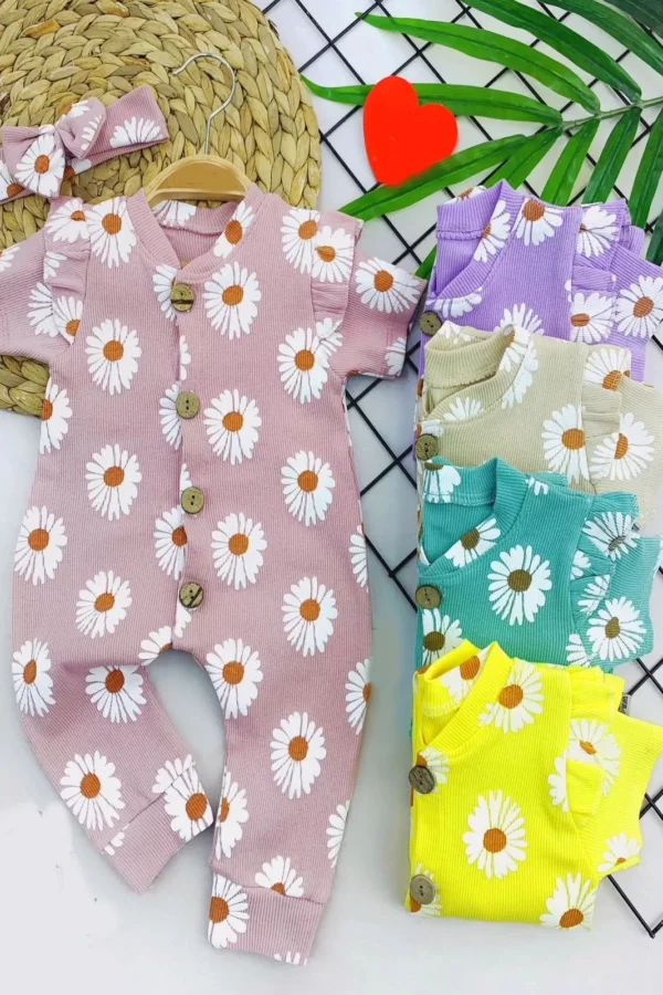 3-6-9-12 Ay Papatya Desenli Bandajlı Kısa Kollu Kız Bebek Tulumu Gül Kurusu