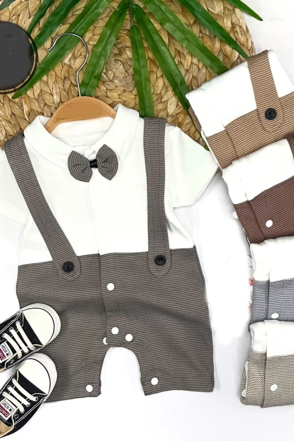 3-6-9-12 Ay Papyon Detaylı Çizgili Salopet Görünümlü Erkek Bebek Tulumu