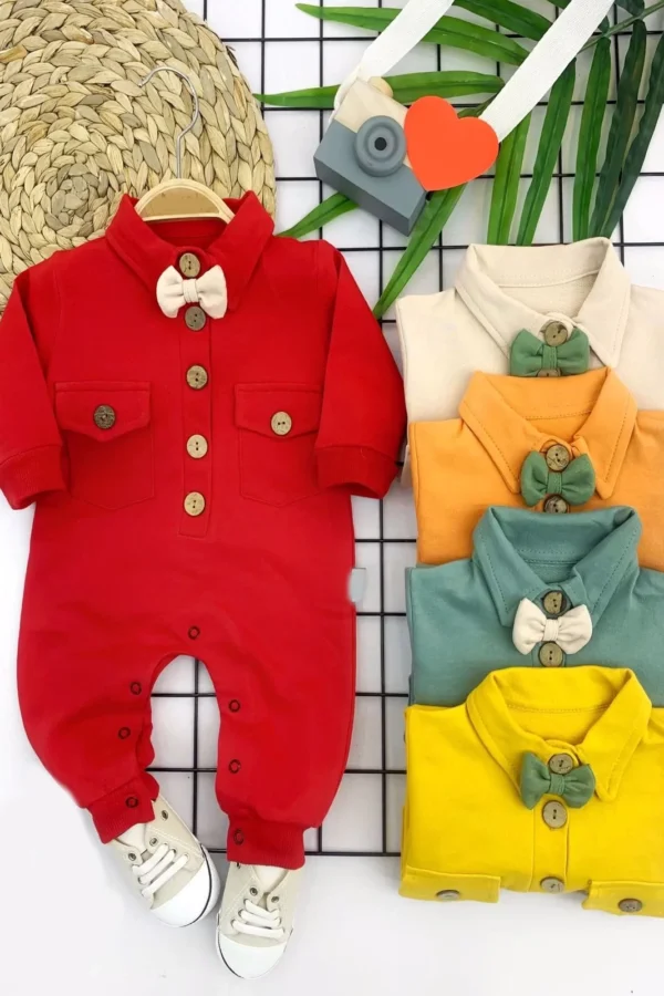 3-6-9-12 Ay Papyonlu Düğme Kapamalı Kız Erkek Bebek Tulumu Kırmızı