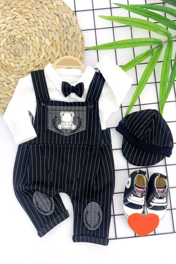 3-6-9-12 Ay Papyonlu Kasket Şapkalı Ayıcık Nakışlı 2li Erkek Bebek Salopet Takımı