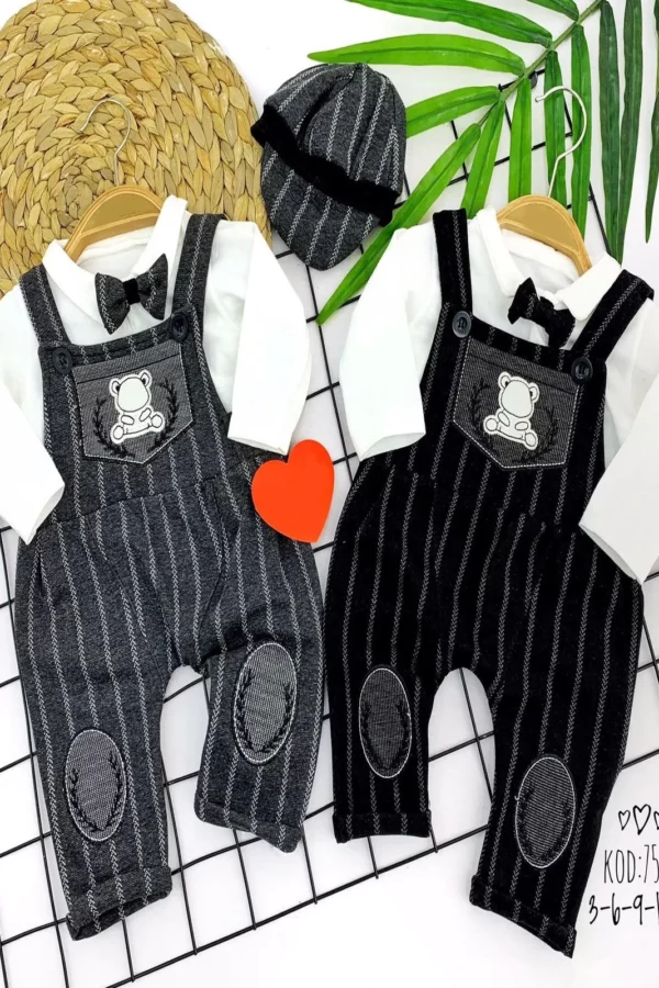 3-6-9-12 Ay Papyonlu Kasket Şapkalı Ayıcık Nakışlı 2li Erkek Bebek Salopet Takımı