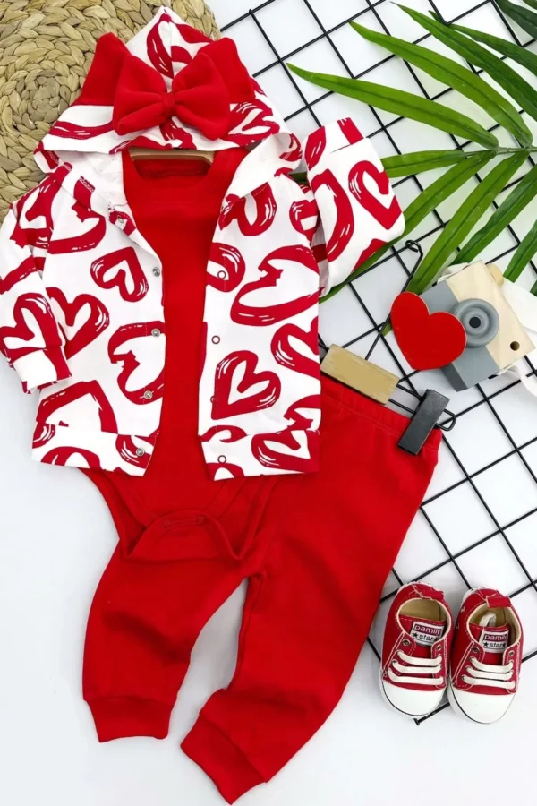 3-6-9-12 Ay Pastel Renkli Kalp Baskılı Fiyonk Kapşonlu Zıbınlı 3lü Kız Bebek Takımı