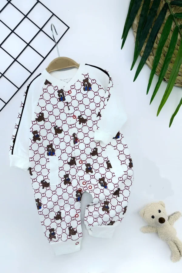 3-6-9-12 Ay Piti Ayıcık Baskılı Boydan Çıtçıtlı Uzun Kollu Kız Erkek Bebek Tulumu Beyaz