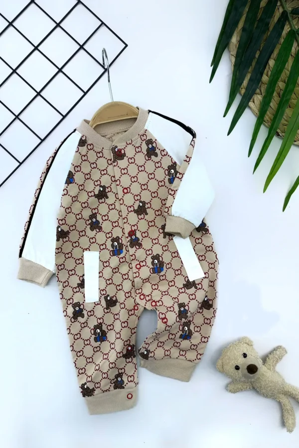 3-6-9-12 Ay Piti Ayıcık Baskılı Boydan Çıtçıtlı Uzun Kollu Kız Erkek Bebek Tulumu Kahverengi