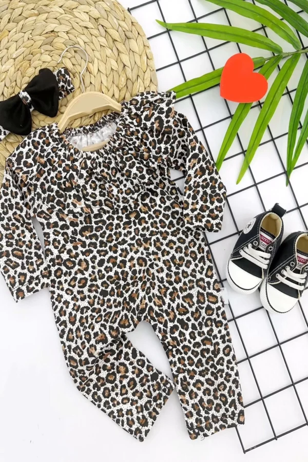 3-6-9-12 Ay Piti Leopar Desenli Fırfır Yakalı Bandanalı Uzun Kollu Kız Bebek Tulumu Kahverengi