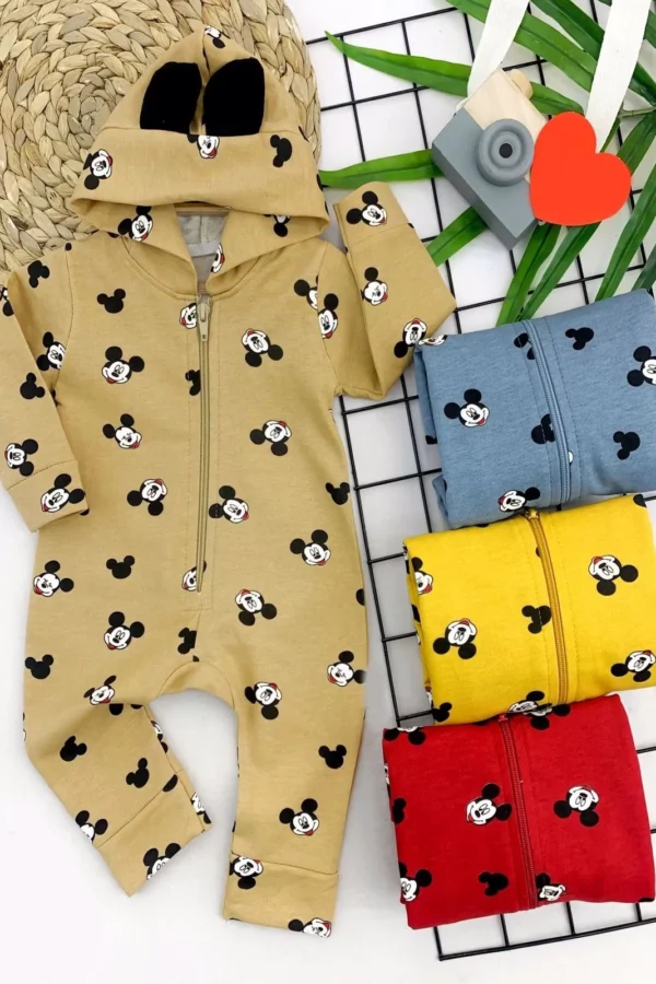 3-6-9-12 Ay Piti Mickey Baskılı Kulaklı Kapşonlu Uzun Kollu Kız Erkek Bebek Tulumu Sarı