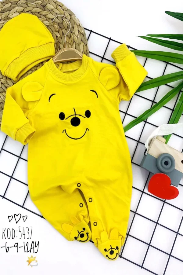 3-6-9-12 Ay Pooh Baskılı Şapkalı Pooh Patikli 2li Kız Erkek Bebek Tulumu Sarı