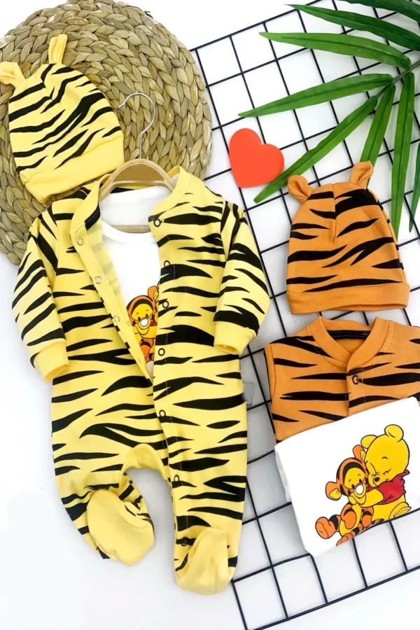 3-6-9-12 Ay Pooh Desenli Zebra Çizgili Şapkalı Sweatli 3lü Kız Erkek Bebek Tulumu(sarı)