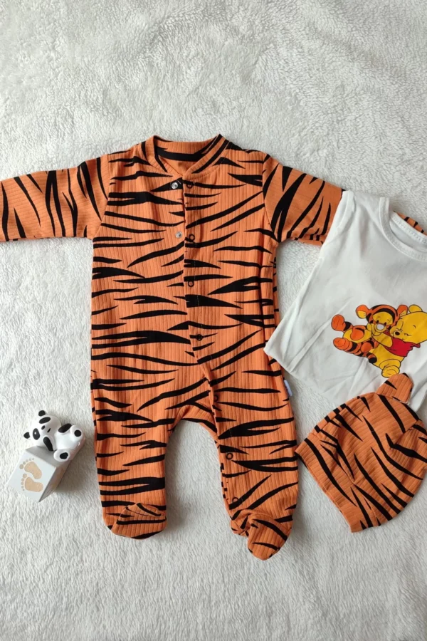 3-6-9-12 Ay Pooh Desenli Zebra Çizgili Şapkalı Sweatli 3lü Kız Erkek Bebek Tulumu (turuncu)