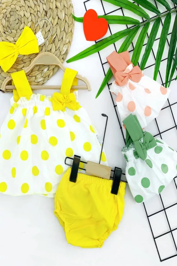 3-6-9-12 Ay Puantiye Baskılı Bandana Kilot Askılı Kız Bebek Elbisesi