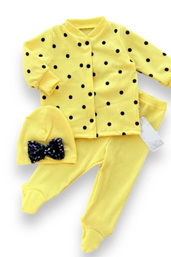 3-6-9-12 Ay Puantiyeli Şapkalı Çıtçıt Kapamalı Patikli 3lü Kız Bebek Takımı