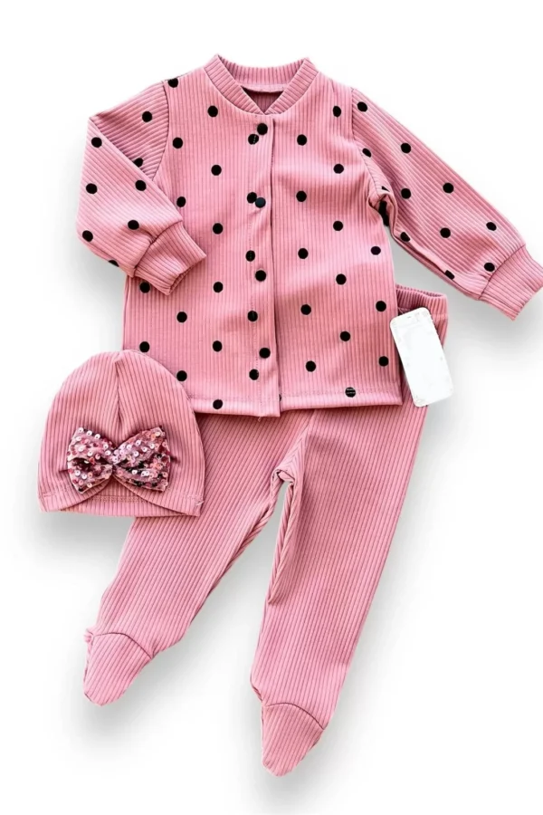 3-6-9-12 Ay Puantiyeli Şapkalı Çıtçıt Kapamalı Patikli 3lü Kız Bebek Takımı