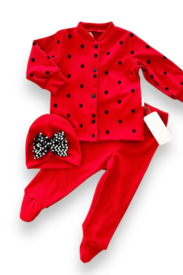 3-6-9-12 Ay Puantiyeli Şapkalı Çıtçıt Kapamalı Patikli 3lü Kız Bebek Takımı Kırmızı