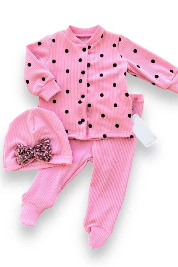 3-6-9-12 Ay Puantiyeli Şapkalı Çıtçıt Kapamalı Patikli 3lü Kız Bebek Takımı Pembe