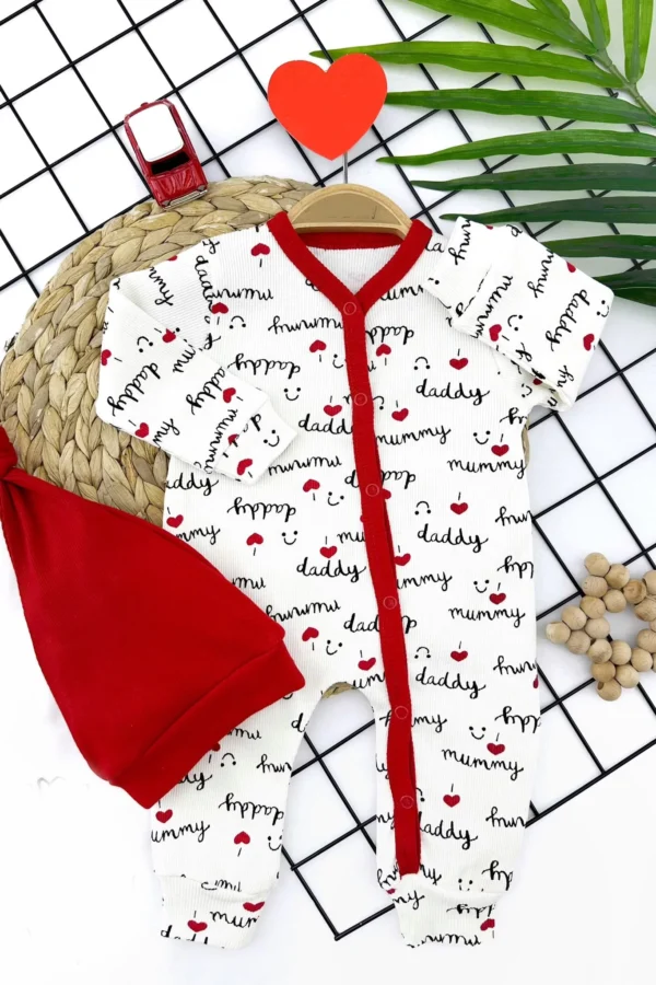 3-6-9-12 Ay Şapkalı Boydan Çıtçıtlı Yazı Baskılı 2li Kız Erkek Bebek Tulumu