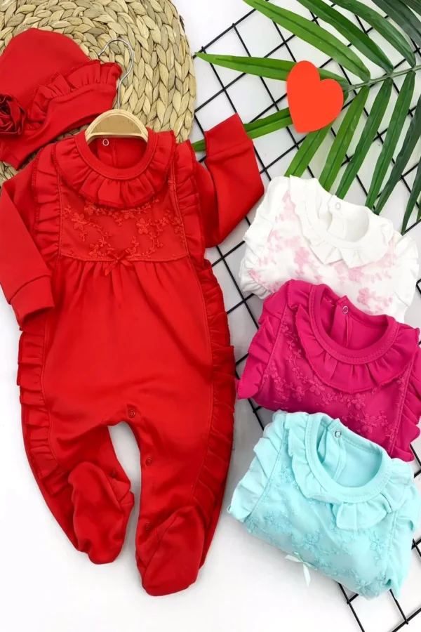 3-6-9-12 Ay Şapkalı Fırfır Detaylı Uzun Kollu Kız Bebek Tulumu Yeşil