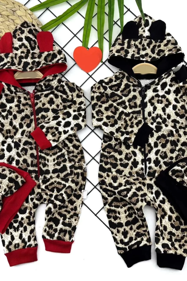 3-6-9-12 Ay Şapkalı Leopar Dsenli Çıtçıt Kapama 2li Kız Bebek Tulumu(1 Adet) Kahverengi