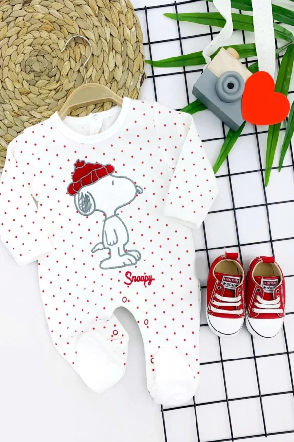 3-6-9-12 Ay Snoopy Nakışlı Patikli Uzun Kollu Kız Erkek Bebek Tulumu Ekru