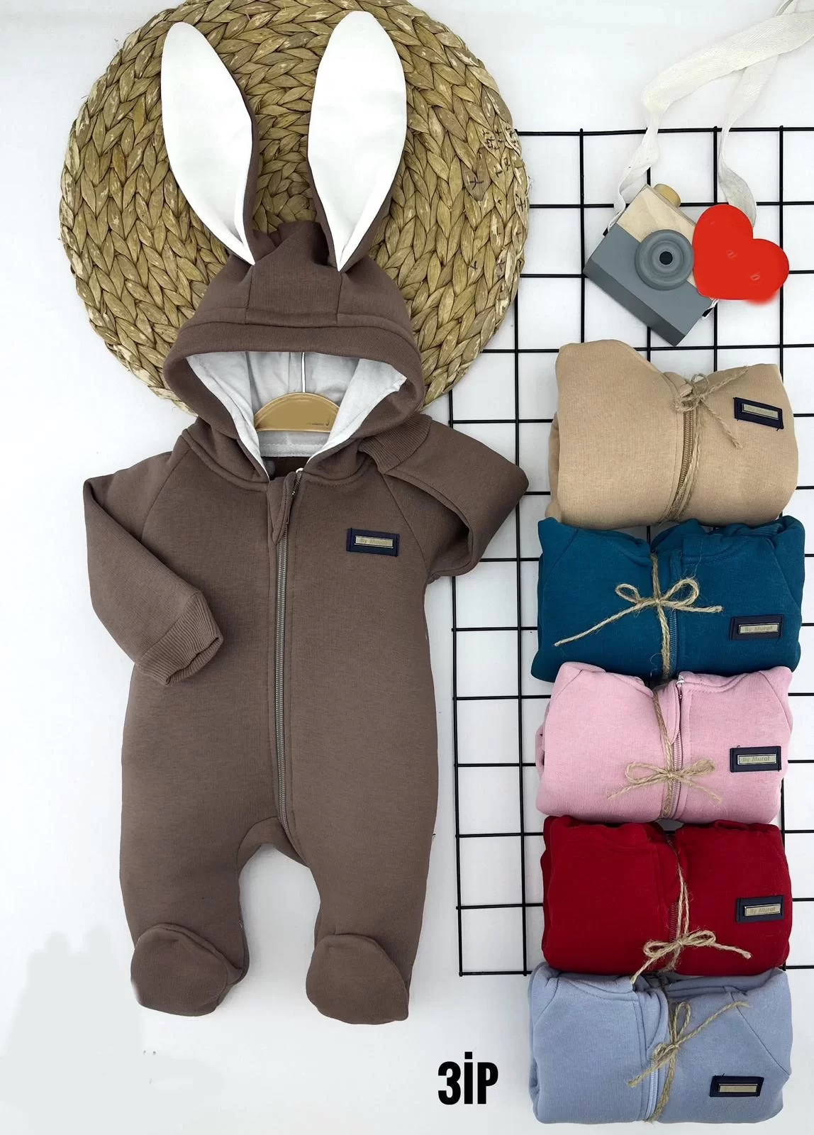 3-6-9-12 Ay Tavşan Kulak Kapşonlu Boy Fermuar Kapamalı Patikli Uzun Kollu Kız Erkek Bebek Tulumu