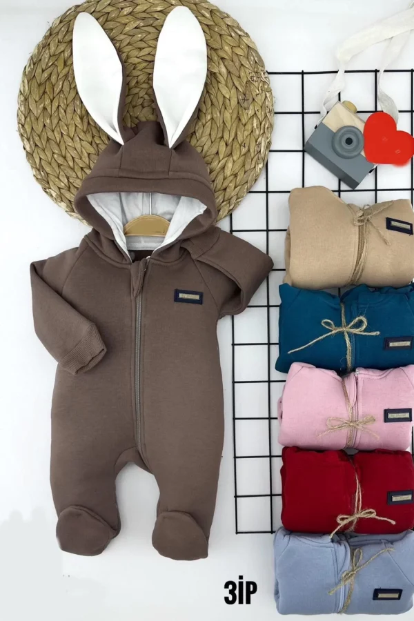 3-6-9-12 Ay Tavşan Kulak Kapşonlu Boy Fermuar Kapamalı Patikli Uzun Kollu Kız Erkek Bebek Tulumu Kırmızı