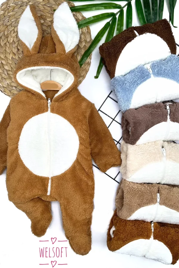 3-6-9-12 Ay Tavşan Kulak Kapşonlu Fermuar Kapamalı Patikli Eldivenli Tüylü Erkek Bebek Tulumu Hardal