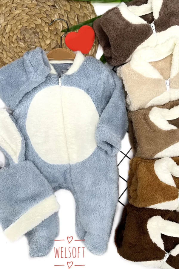 3-6-9-12 Ay Tavşan Kulak Şapkalı Fermuar Kapamalı Patikli Eldivenli Tüylü Erkek Bebek Tulumu Hardal