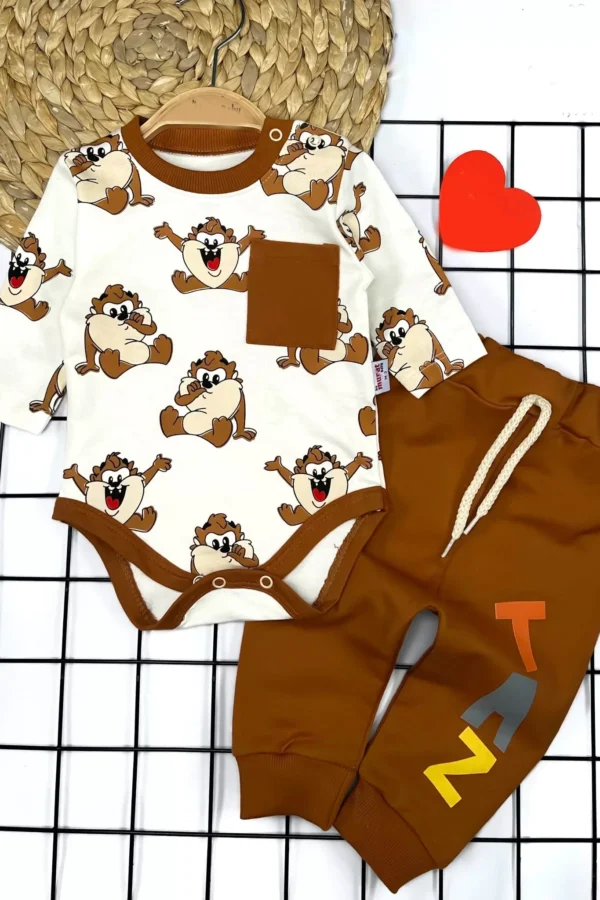 3-6-9-12 Ay Tazmanya Canavarı Baskılı Yaka Çıtçıtlı Uzun Kollu Zıbınlı 2li Kız Erkek Bebek Takımı