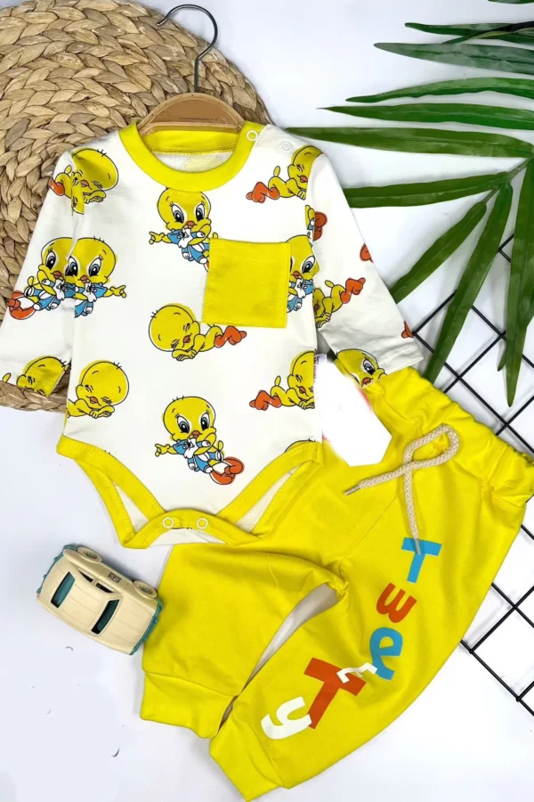 3-6-9-12 Ay Tweety Baskılı Yaka Çıtçıtlı Uzun Kollu Zıbınlı 2li Kız Erkek Bebek Takımı