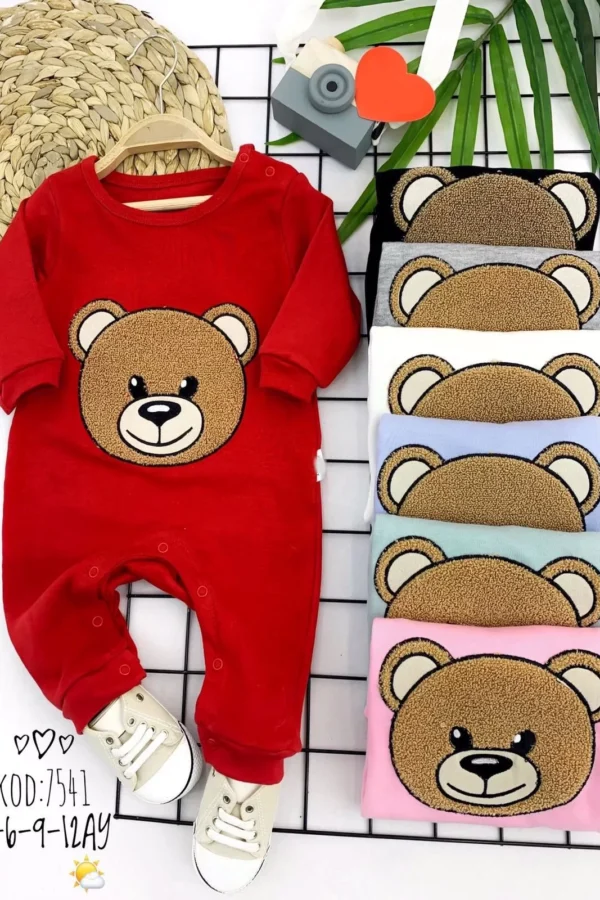 3-6-9-12 Ay Welsoft Ayı Figürlü Çıt Çıt Kapamalı Uzun Kollu Kız Erkek Bebek Tulumu